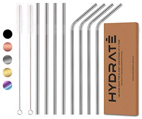 iGadget Accessories Hydrate [Lot de 8] en Acier Inoxydable pailles – réutilisable, écologique, sans BPA, Non Toxique, – (4 + 4 Droits Bent + 2 Brosses de Nettoyage)