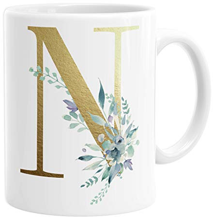 Personalised Initial N Any Letter Gold Shimmer Floral Mug Coffee Cup Tea