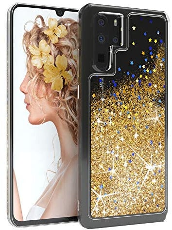 EAZY CASE Hülle kompatibel mit Huawei P30 Pro Schutzhülle mit Flüssig-Glitzer, Handyhülle, Schutzhülle, Back Cover mit Glitter Flüssigkeit, TPU/Silikon, Transparent/Durchsichtig, Gold