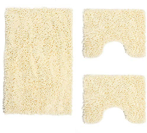 Poligono Badteppich-Set, 3-teilig, aus Mikrofaser, Langflorteppich 50 x 80 cm, 2 WC-Vorleger, rechteckig, 40 x 50 cm, weich, rutschfest, beige