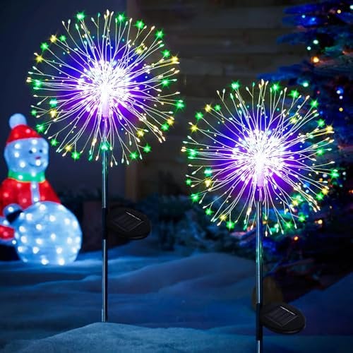 yowin Lampe Solaire Exterieur Jardin 2 Pièces 120 LED Feu d'artifice Solaire, 8 Modes Éclairage Extérieur Solaire, Étanche Lampe Solaire de Pissenlit pour Jardin Pelouse Terrasse Deco - Multicolore