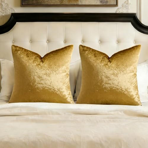 GIGIZAZA Lot de 2 housses de coussin décoratives en velours doré 66 x 66 cm | Taies d'oreiller carrées modernes en tissu texturé doux 300 g/m² pour canapé