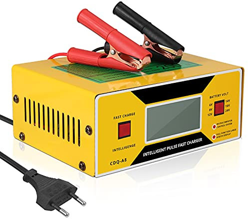 AUTOUTLET Ladegerät Autobatterie, 6/8/12/14/24V Smart vollautomatische KFZ Batterieladegerät Erhaltungsladegerät mit LCD Bildschirm, 0-10A Batterie Ladegerät für Auto Motorrad Rasenmäher Boot(Gelb)