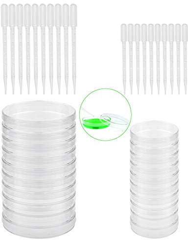 20 Stück Petrischalen Sterile und 20 Transferpipetten, Kunststoff Transparente Petrischale mit Deckel für Laborkultur Schullabor Science Fair Projekte