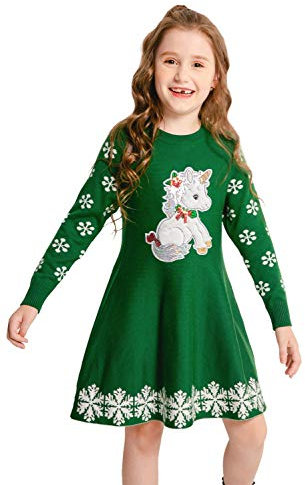 SMILING PINKER Abito Natalizio Ragazza Maglione Bambini Maniche Lunghe Lavorato Maglia Stampa Unicorno Fiocco Neve per l'autunno e l'inverno(Verde,8-9 Anni)