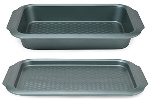 Progress COMBO-7735 Shimmer Collection Antihaft-Ofenblech-Set, inklusive Backblech und Bräter, 39 cm, Karbonstahl, perfekt für Sonntagsbraten, Traybakes, Kekse, grün