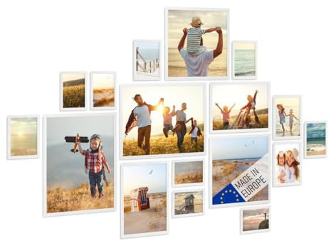 PHOTOLINI Bilderrahmen-Set Weiß, Holzbilderrahmen Made in EU, 17er Rahmenset, 10x15 bis 30x40 cm, bruchsicheres Acrylglas, zum Aufhängen, extra Zubehör - für Ihre liebsten Fotos & Bilder