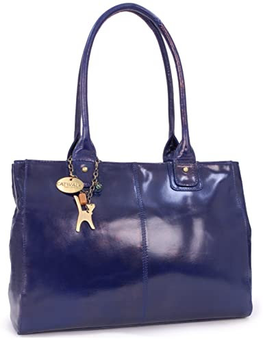Catwalk Collection Handbags - Damen Leder Schultertasche - Handtasche Tote Bag Groß - Arbeitstasche für Notizbuch A4 - Kensington - Schwarz - Blau