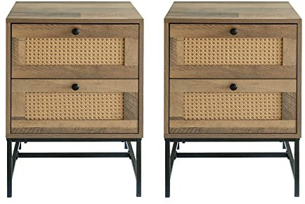 GIA Home Furniture Serie Beistelltisch aus Holz und Rattan, mit Metallrahmen, 2 Schubladen, Nachttisch, Holzwerkstoff Metall, Eichenholz-Finish, Set of 2