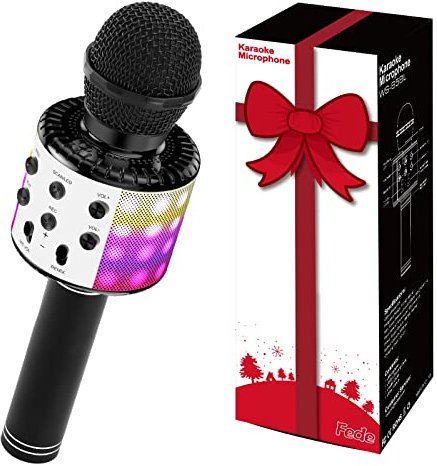 Fede Microphone Karaoké sans Fil Bluetooth avec Lumière LED Multi Couleur, Micro à Main Portable Haut-Parleur pour Enfants/Adultes Chanter, Compatible avec Android/iOS/PC/Smartphone