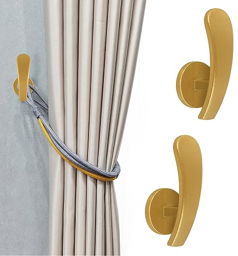 2 alzapaños para cortinas de pared con tornillos, color dorado | Percha de pared decorativa con gancho de metal para cortinas