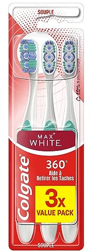COLGATE - Zahnbürste Colgate 360 Max White – Weiße Zahnbürste – Aufhellende Lamellen zum Entfernen von Oberflächenflecken – Polierlamelle zur Entfernung von Plaque – 3 Stück
