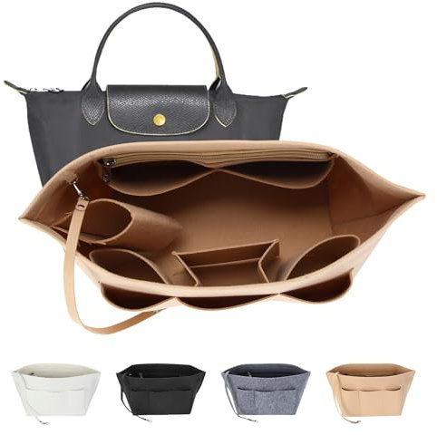 LITLANDSTAR Handbag Organiser Insert, Felt Insert Bag Purse Organiser Multi-Pocket Tote Bag Insert Organiser with Zipper Bag and Key Chain, Khaki