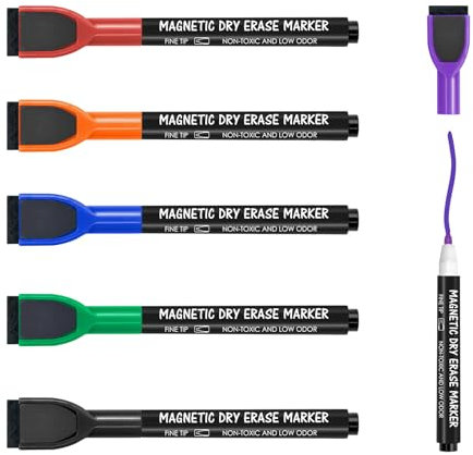 maxtek Magnetische Whiteboard Marker, 6 Farben Stifte abwischbar mit Radiergummi, Feinspitze 1–2 mm Linienbreite, Folienstifte für Zuhause, Schule & Büro (6 Stück)
