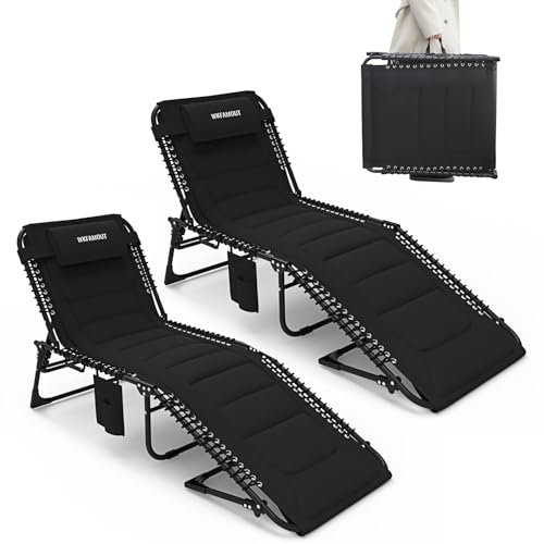WKFAMOUT 2er Set Sonnenliege Klappbar Gartenliege 5 Verstellbarer Rückenlehne Outdoor Faltbar Dreibeinliege Strandliege Campingbett bis 120KG mit Kissen Seitentasche 190x59CM Schwarz