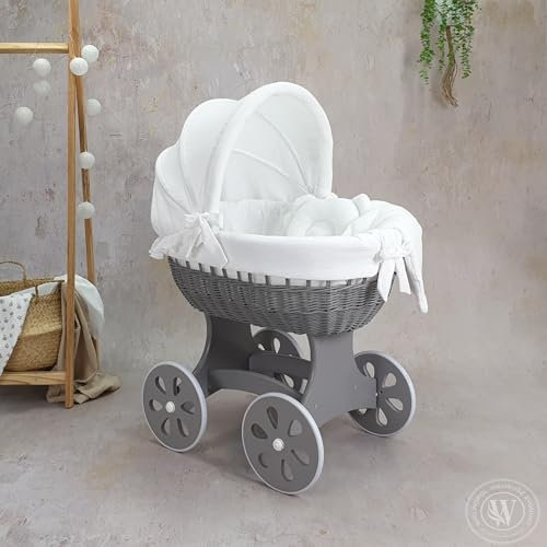 Wiklinopol Stubenwagen, Moseskorb Baby mit Gestell Annabell – Bollerwagen mit Rollen aus Naturweide – inkl. Matratze & 5-TLG. Weiß Musselin-Bettwäsche – Korb: Grau
