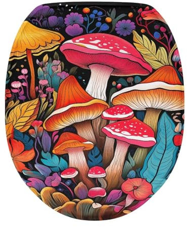 Bivxisrvo Cartoon Mushroom Print Toilet Cover Seat Polyester Fabric Toilet Protector Cover Dustproof Elastic Edges Toilet Seat Cover Universal for Most Toilet Bowl Lids