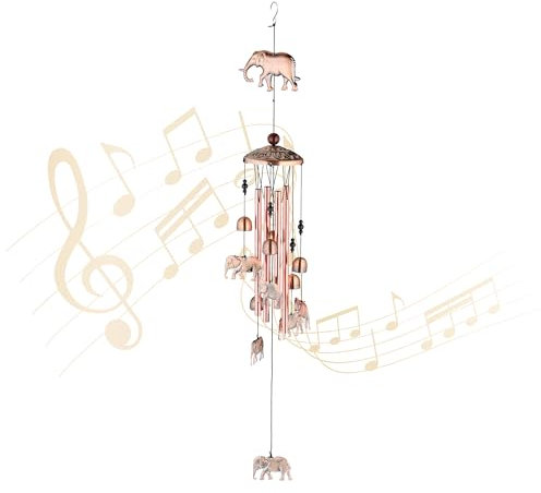 Relaxdays Windspiel, Glocken & Elefanten, Metall Glockenspiel, 90 cm lang, draußen & drinnen, Klangspiel hängend, Kupfer