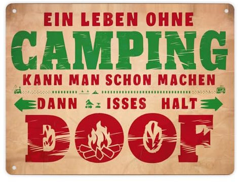 Ein Leben ohne Camping ist doof Metallschild XL in 21x28 cm Vintage Plakat im rustikalen Stil mit Baum Wohnwagen und Lagerfeuer Perfekt für Camping-Enthusiasten