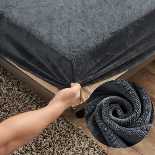 Samt Spannbettlaken 180x220 cm Warm Winter Frottee Spannbetttücher, Highdi Microfleece Flausch Dunkelgrau Spannbetttuch 180 x 220 Boxspringbett Bettlaken für Hohe Matratze Steghöhe 25-30cm