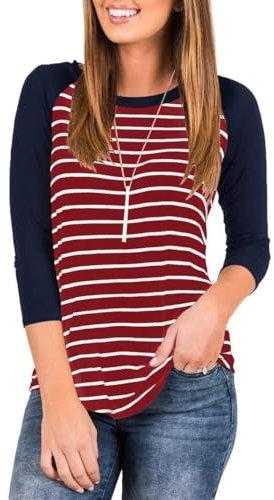 LACOZY Women's Long Sleeve Tops 3/4 Sleeve Raglan Striped T Shirts Round Neck Baseball Loose Blouse Crop Tops Burgundy S