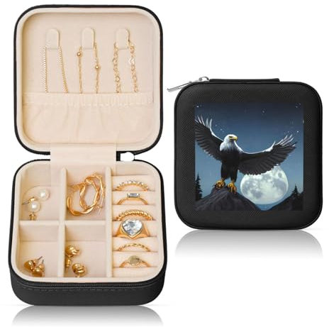 PHAYAH Quadratische Reise-Schmuckschatulle, Adler unter den Sternen, Leder-Schmuck-Ring-Organizer für Mädchen, Damen (schwarz)
