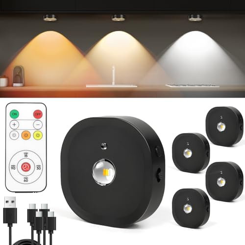 SILRIVES Vitrinenbeleuchtung LED Kabellos mit Fernbedienung,USB Aufladbar Spot Akku,3 Lichtfarben Schrankbeleuchtung LED Batterie,Dimmbar Indirekte Unterbauleuchte Küche mit Timer Funktion,4 Stück