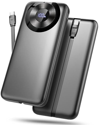 Power Bank 10000mAh, 3A Phone Charger Power Bank Fast Charging with USB-C in&out, 4 Outputs Portable Charger Battery Pack with Built-in Cables Compatible with iPhone16/15/12/11/13/14/Tablets/Samsung