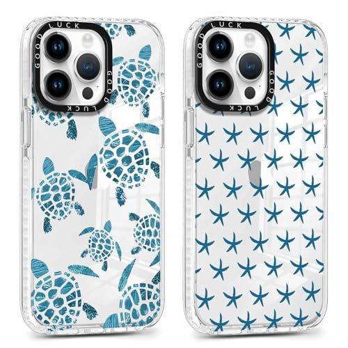 Foonary 2 Pack Clear Turtle Print Phone Case for iPhone 14 Pro Max 6.7,Starfish Design Aesthetics Transparent Pattern Soft Silicone Cases,Shockproof Bumper Protector Girls Cover,for iPhone 14 ProMax