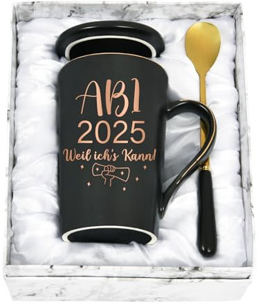 Diztoud Abi 2025 Geschenk Kaffeetasse, Abitur 2025 Geschenke Mädchen, Junge, Abi 2025 Weil ich's kann Tasse, Abschluss Geschenk, 400ML Keramik Marmorbecher mit Deckel Löffel und Geschenkbox, Schwarz