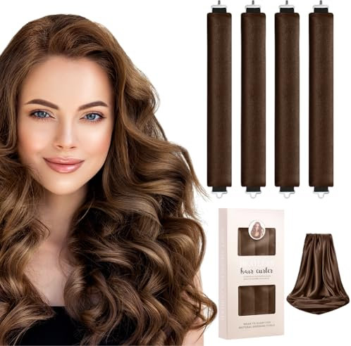 LOPHE 4 Stück Hitzefreie Lockenwickler, Overnight Blowout Locken Ohne Hitze, Hitzefreier Lockenstab für alle Haartypen,Mit Eisendraht DIY Heatless Curls Band Frisurenset Für Langes (Kaffeefarbe)