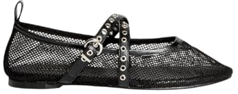 KESLEM Mesh-Ballerinas für Damen, Schwarz, Riemen mit Schnalle und Nieten, 2 cm Höhe, Schwarz , 40 EU
