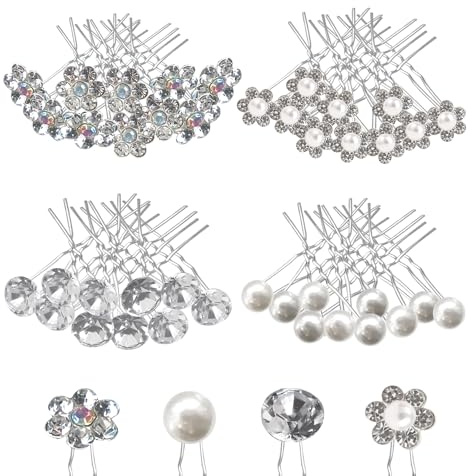 Lot de 40 épingles à cheveux de mariage, perles, strass et perles argentées, accessoires pour cheveux de mariage pour femmes et filles