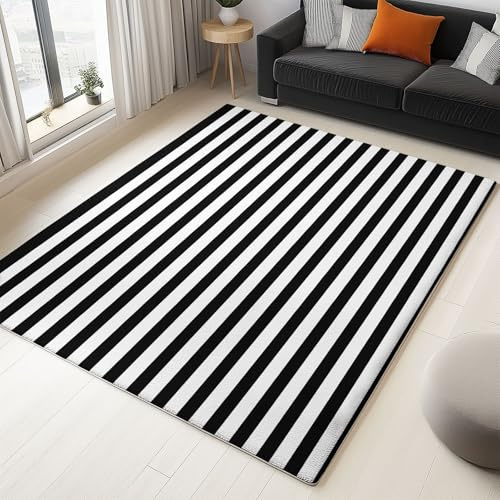 Schlichte Schwarz Weiße Streifen Teppich Flauschig Waschbar - 100 x 160 cm Komfort Super Weich Teppich Schwarz Weiße Streifen Schlicht für Arbeitszimmer Büro Wohnzimmer Esszimmer Schlafzimmer