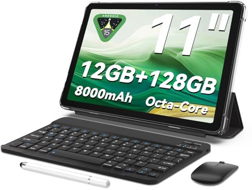 Tablet 11 inch Android 15 Tablets | Octa-core | 12GB RAM+128GB ROM | 8000mAh Tablet with Keyboard | Mouse | Case | Dual Band WiFi | BT 5.0 | GPS | 13MP Dual Camera