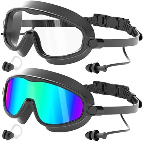COOLOO Schwimmbrille Herren Damen 2 Stück, Weitblick Schwimmbrille Erwachsene ohne Leckage mit Ohrstöpseln, Anti-Beschlag & Anti-UV Taucherbrille Jugendliche