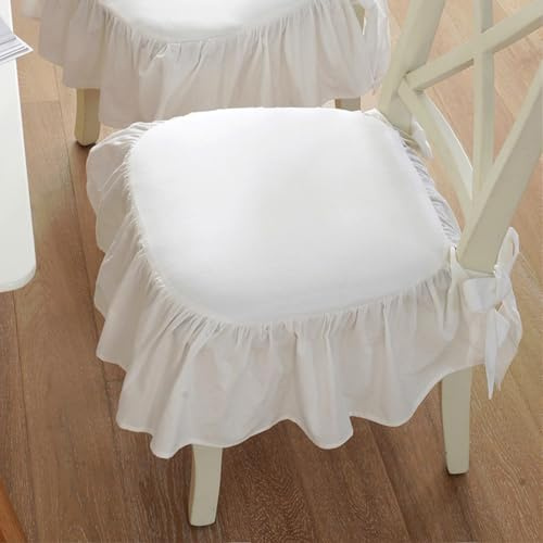 HUGDSB 2 Stück Sitzkissen aus Baumwolle mit Rüschenrock und Bändern, rutschfeste, weiche Stuhlauflage for den Innenbereich, geeignet for hölzerne Esszimmerstühle(White)