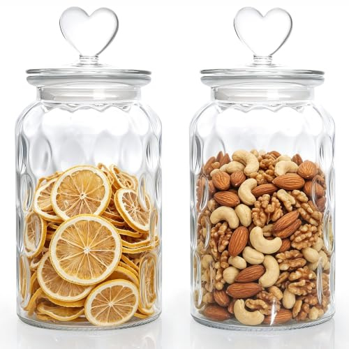 HomeyHoney Deko Glas mit Herzförmig Deckel, Candy Bar Gläser 2er Set | Runde Vorratsgläser mit Niedlich Deckel Küche als Spaßglas, Bonbonglas für Süßigkeiten, Kaffee, 1300 ml, Edelstein Textur