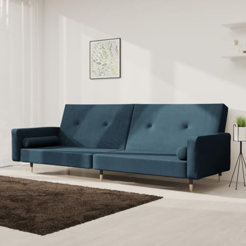 Schlafsofa mit 2 Sitzplätzen aus blauem Samt mit 2 umwandelbaren Kissen, solide Struktur für Wohnzimmer und Studio. Dieses 2-Sitzer-Schlafsofa aus blauem Samt bietet Komfort