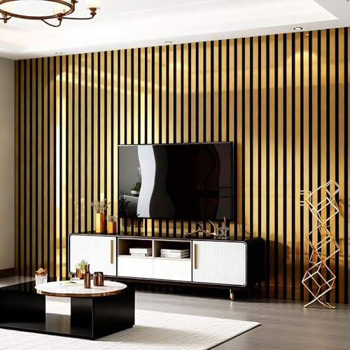 Snewvie Gold Mirrored Self Adhesive Thermal Wallpaper, 6mm Thick 3D Striped Mirror Wallpaper Peel and Stick, Waterproof Soundproof Decorative Wall Paper for Living Room Bedroom(1 Roll 40x300cm)