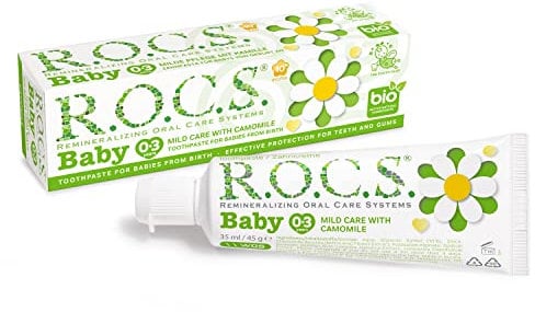 R.O.C.S. Zahnpasta Baby (0-3 Jahre) Milde Pflege mit Kamille - Vegane Zahncreme - Fluoridfrei- Sicher beim Verschlucken - Natürliche Formel - Natürliche Extrakte - Xylit - Beruhigendes Zahnfleisch