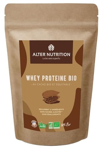 ALTER NUTRITION - Whey Protéine Bio - Cacao - Prise De Masse - Récupération - BCAA - Lait De Vache Bio - Sans Sucres Ajoutés - Fabriqué En France - 18g De Protéines Par Scoop - Sachet De 1kg