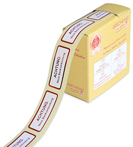 Geschenke mit Namen 1491 300 Etiketten ACHTUNG: Neue Bankverbindung, metallic-rot, mit metallic-roter Schrift und metallic-rotem Rand auf weißem Grund, auf der Rolle, im praktischen Spender rot