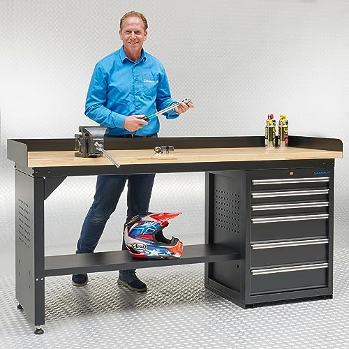 Datona Werkbank Bambus 200 cm schwarz mit 6 Schubladen 60 kg Schubladenlast 65 cm tiefer Arbeitsplatte und Lochwand