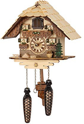 SELVA Kuckucksuhr Sommerhof-Chalet, Schwarzwald-Stil, Made in Germany, in Birke lackiertes Holzgehäuse, mit echten Holzschindeln, Quarzwerk