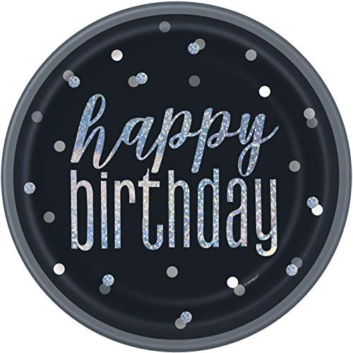 Unique 83585 Black Foil Stamped Prismatic Round Plates, 9 8 Pcs, Happy Birthday