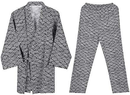 Women Men Pyjamas Set Couple Bathrobe Kimono Robe Suit Yukata Dressing Gown Loose Comfy Cotton Sleepwear Nightdress Bath Robe Wrap Spa Swim Cover Lounge Wear with Pocket Waist Belt