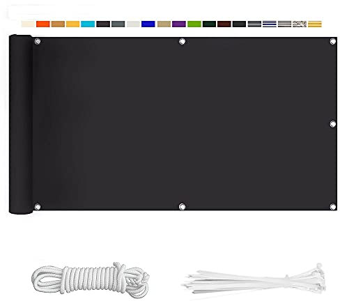 Balkon Sichtschutz, Balkonabdeckung 220 g/m² Innen Balkonverkleidung UV-Schutz (210Größen&21Farben) Ohne Bohren mit Ösen Kabelbinder und Kordel für Balkongeländer Terrasse, 90X900CM Anthrazit