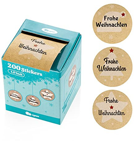 200 Stück Aufkleber Weihnachten Etiketten im Spender - Selbstklebend Weihnachtssticker, Kraft Papier Sticker 40 mm Frohe Weihnachten, Geschenk, Weihnachtspost