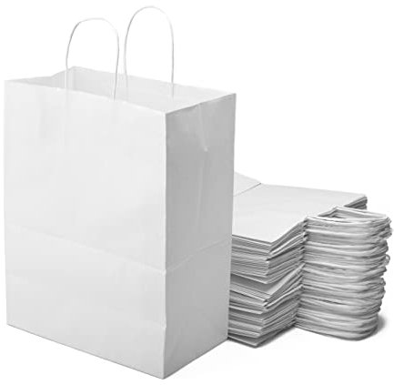 50 weiße Einkaufstaschen aus Kraftpapier mit Griffen – 26 x 14 x 32 cm Einkaufstasche/Geschenkverpackung für Geburtstag, Weihnachten, Hochzeit ...